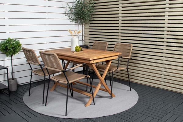 Kenya hagesett bord 70x120cm natur, 4 stoler Lindos brun.