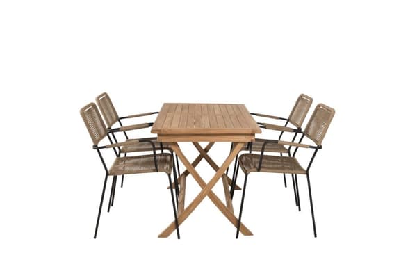 Kenya hagesett bord 70x120cm natur, 4 stoler Lindos brun.