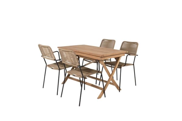 Kenya hagesett bord 70x120cm natur, 4 stoler Lindos brun.