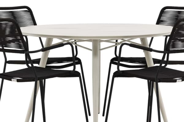 Lina hagesett bord Ø120cm beige, 4 stoler Lindos svart.
