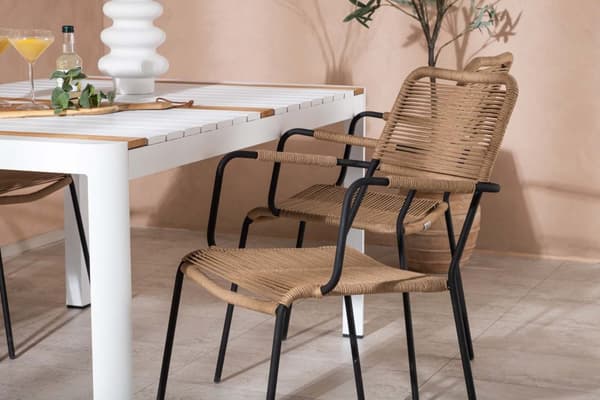 Togo hagesett bord 90x150cm hvit, 4 stoler Lindos brun.