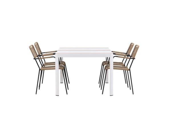 Togo hagesett bord 90x150cm hvit, 4 stoler Lindos brun.