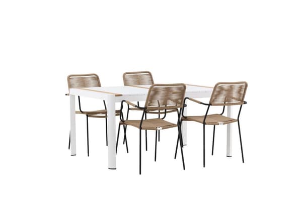 Togo hagesett bord 90x150cm hvit, 4 stoler Lindos brun.