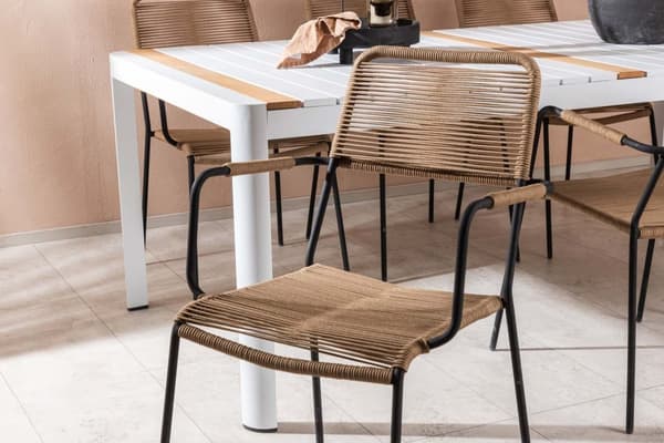 Togo hagesett bord 100x200cm hvit, 6 stoler Lindos brun.