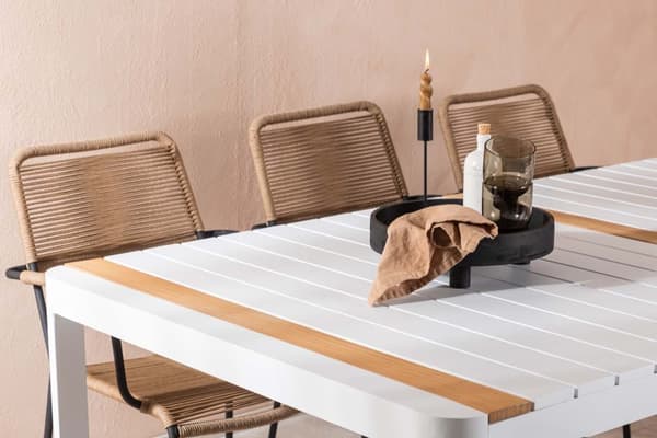 Togo hagesett bord 100x200cm hvit, 6 stoler Lindos brun.