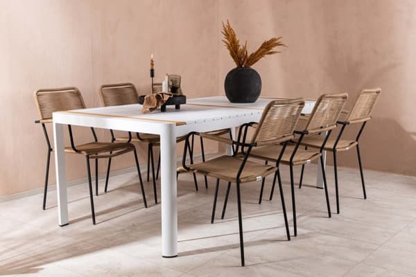 Togo hagesett bord 100x200cm hvit, 6 stoler Lindos brun.