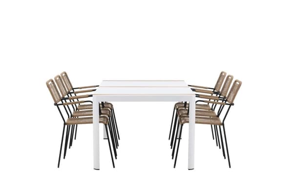 Togo hagesett bord 100x200cm hvit, 6 stoler Lindos brun.