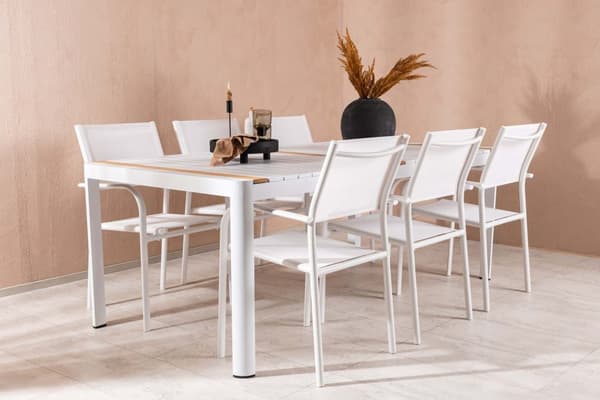 Togo hagesett bord 100x200cm hvit, 6 stoler Santorini hvit.