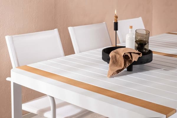 Togo hagesett bord 100x200cm hvit, 6 stoler Santorini hvit.