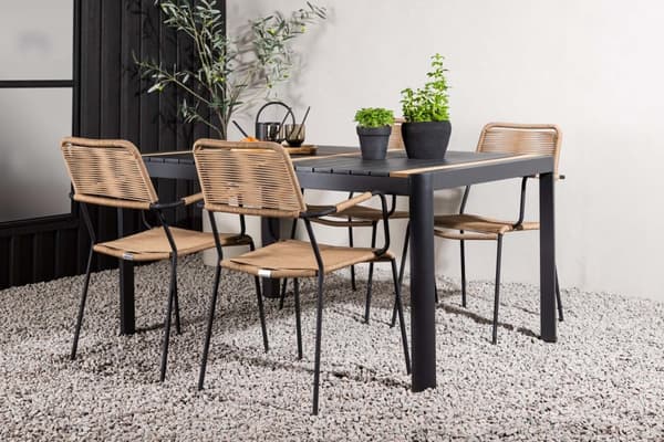 Togo hagesett bord 90x150cm svart, 4 stoler Lindos brun.