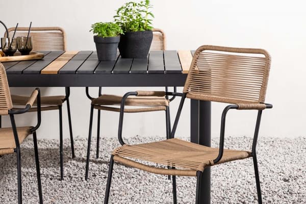 Togo hagesett bord 90x150cm svart, 4 stoler Lindos brun.
