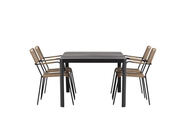 Togo hagesett bord 90x150cm svart, 4 stoler Lindos brun.
