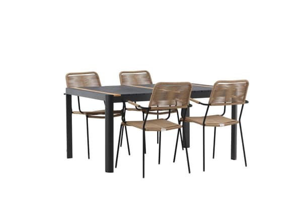 Togo hagesett bord 90x150cm svart, 4 stoler Lindos brun.