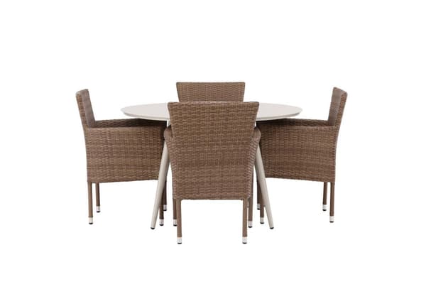 Lina hagesett bord Ø120cm beige, 4 stoler Malina natur.