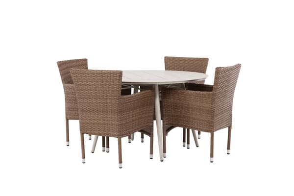 Lina hagesett bord Ø120cm beige, 4 stoler Malina natur.