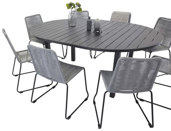 Marbella hagesett bord Ø140/190cm svart, 8 stoler Lindos grå.
