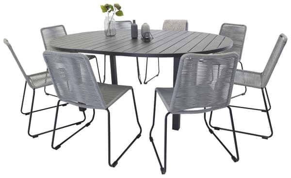 Marbella hagesett bord Ø140/190cm svart, 8 stoler Lindos grå.