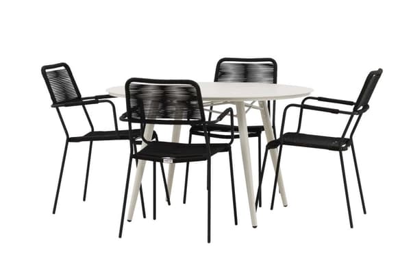 Lina trädgård set bord Ø120cm beige, 4 stolar Lindos svart.