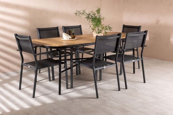 Holmbeck havesæt bord 90x200cm natur, 6 stole Copacabana sort.