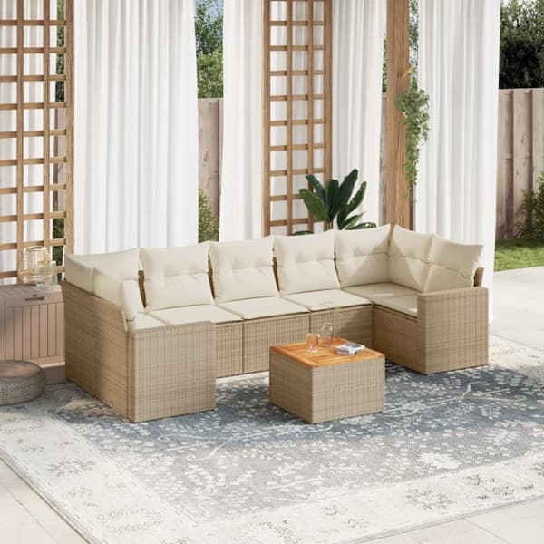 vidaXL Matgrupp för trädgården med dynor 8 delar beige konstrotting