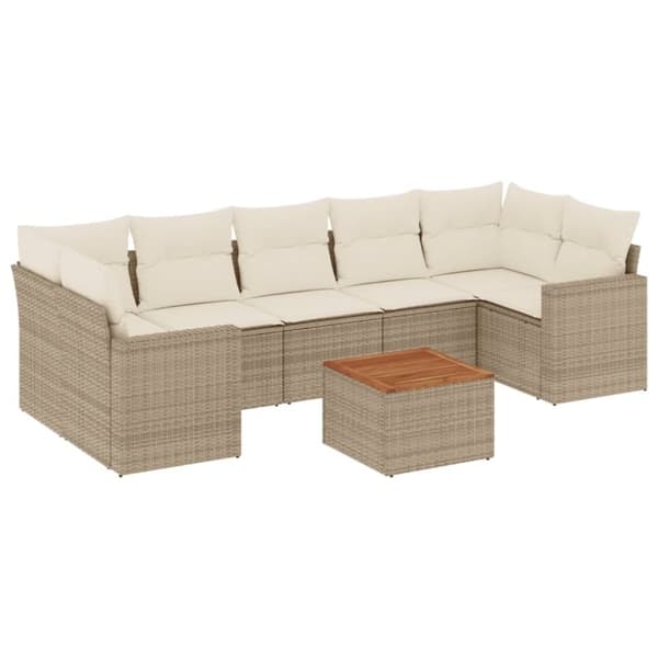 vidaXL Matgrupp för trädgården med dynor 8 delar beige konstrotting