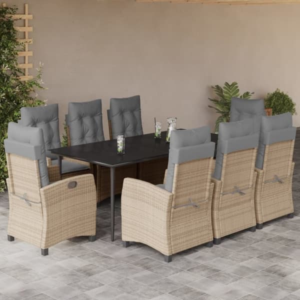 vidaXL spisebordssæt til haven 9 dele med hynder polyrattan beige