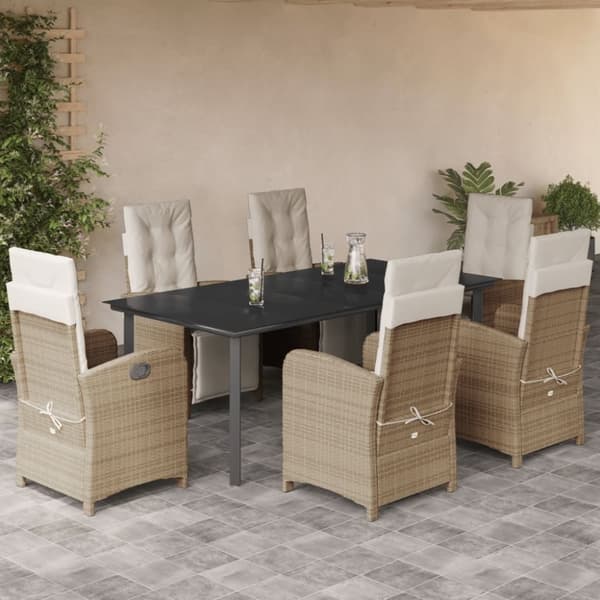 vidaXL spisebordssæt til haven 7 dele med hynder polyrattan beige