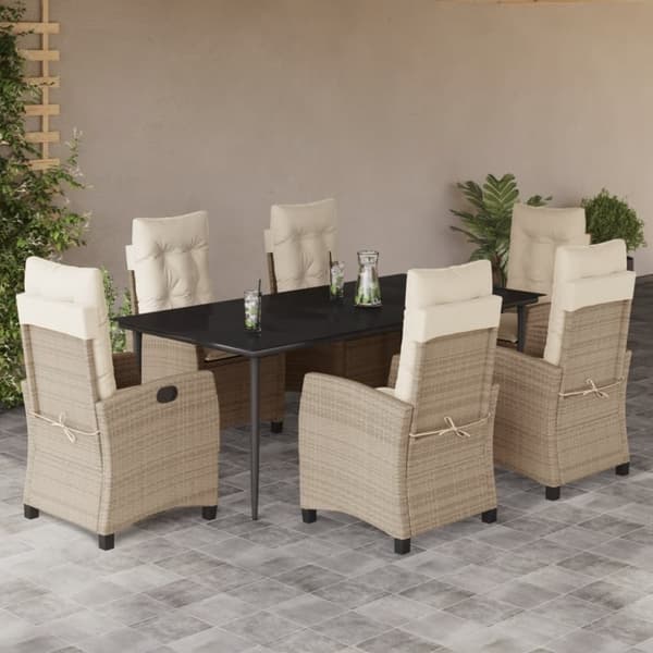 vidaXL spisebordssæt til haven 7 dele med hynder polyrattan beige