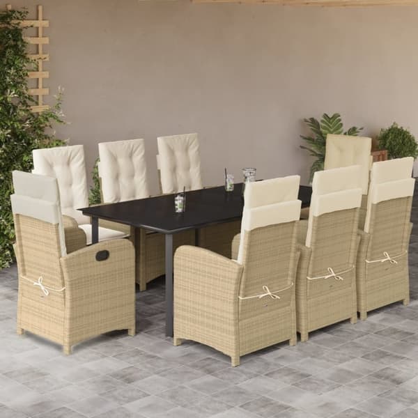 vidaXL spisebordssæt til haven 9 dele med hynder polyrattan beige