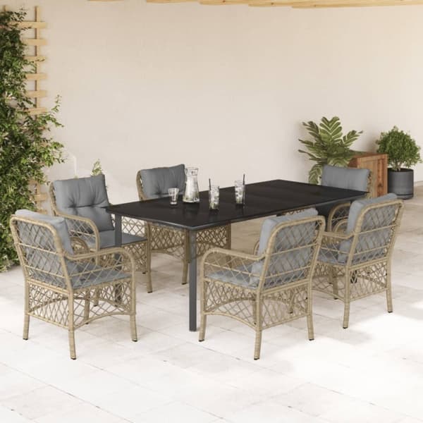vidaXL spisebordssæt til haven 7 dele med hynder polyrattan beige