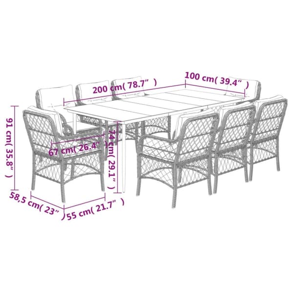 vidaXL Matgrupp för trädgården med dynor 9 delar mixbeige konstrotting