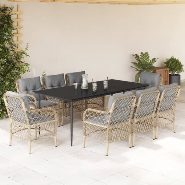 vidaXL Matgrupp för trädgården med dynor 9 delar mixbeige konstrotting