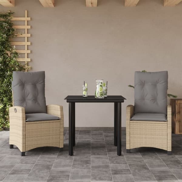 vidaXL spisebordssæt til haven 3 dele med hynder polyrattan beige