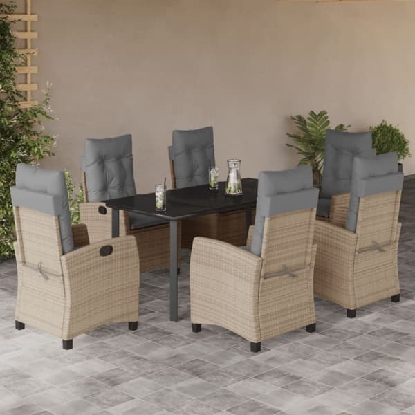 vidaXL spisebordssæt til haven 7 dele med hynder polyrattan beige