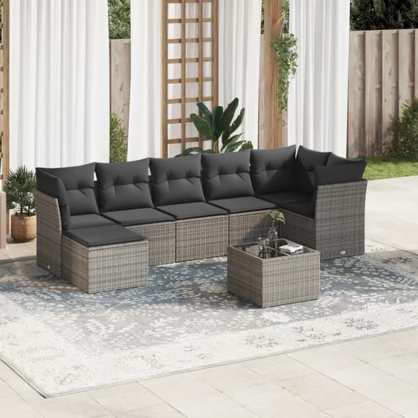 vidaXL sofasæt til haven 8 dele med hynder polyrattan grå