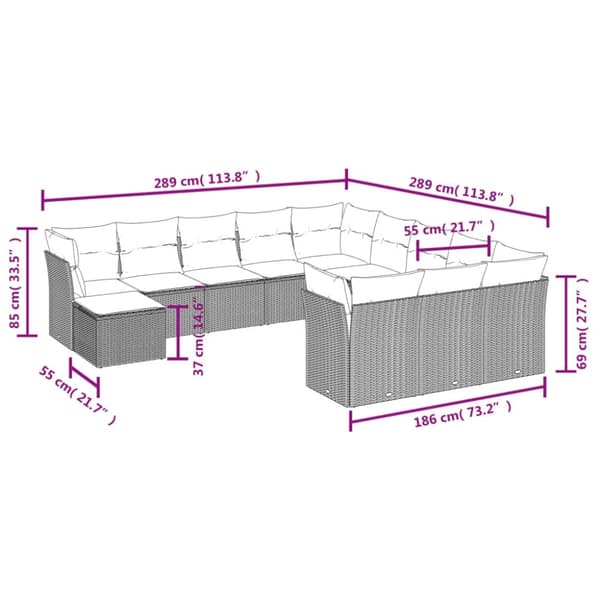 vidaXL sofasæt til haven 12 dele med hynder polyrattan grå