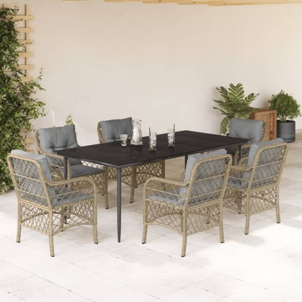 vidaXL spisebordssæt til haven 7 dele med hynder polyrattan beige