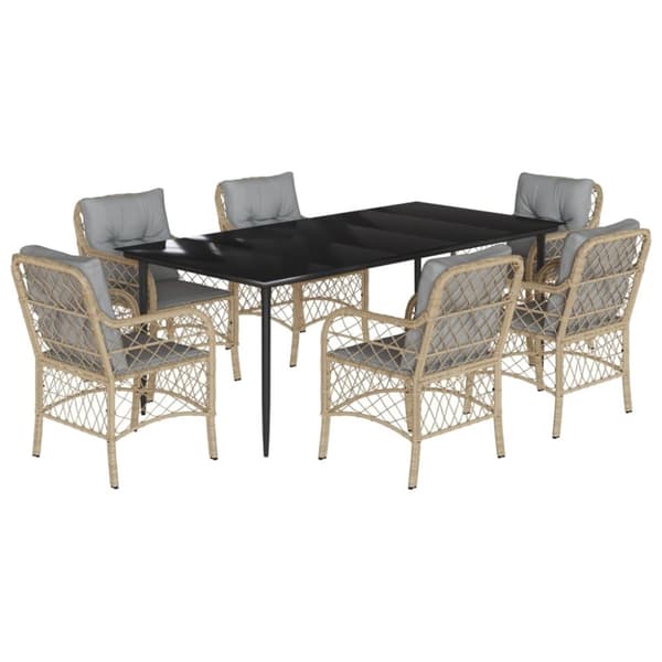 vidaXL spisebordssæt til haven 7 dele med hynder polyrattan beige