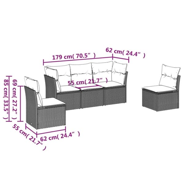 vidaXL sofasæt 5 dele med hynder polyrattan grå