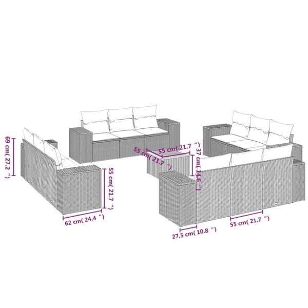 vidaXL sofasæt til haven 13 dele med hynder polyrattan grå