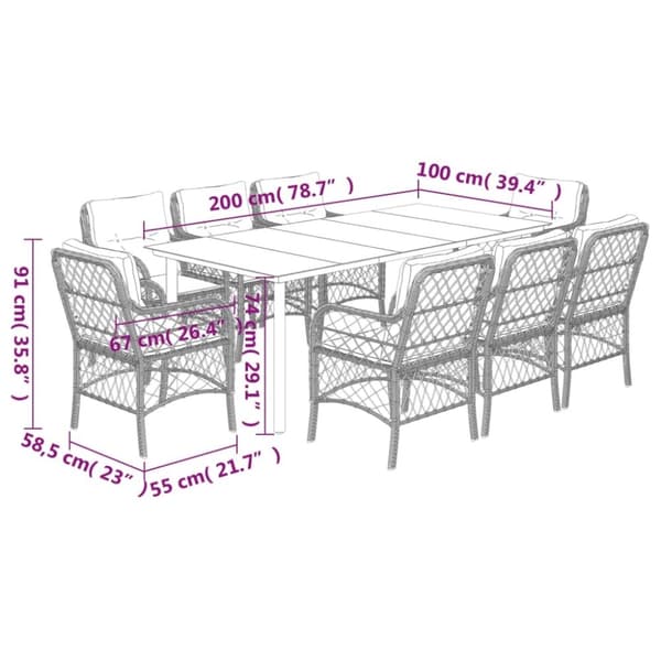 vidaXL spisebordssæt til haven 9 dele med hynder polyrattan beige
