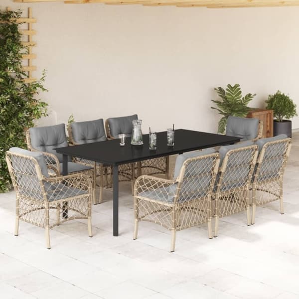 vidaXL spisebordssæt til haven 9 dele med hynder polyrattan beige