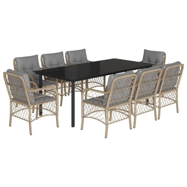 vidaXL spisebordssæt til haven 9 dele med hynder polyrattan beige