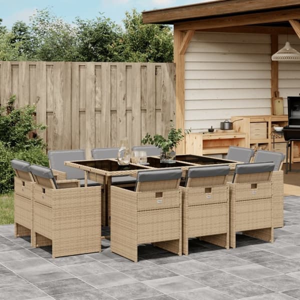 vidaXL spisebordssæt til haven 11 dele med hynder polyrattan beige