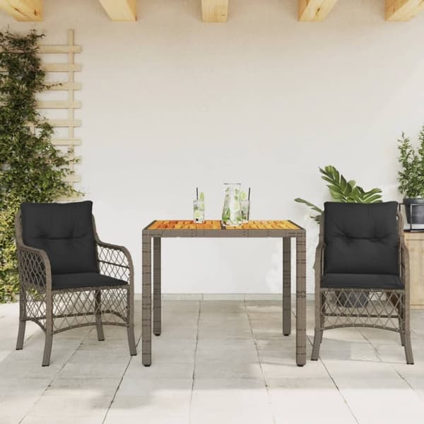 vidaXL bistrosæt til haven 3 dele med hynder polyrattan grå