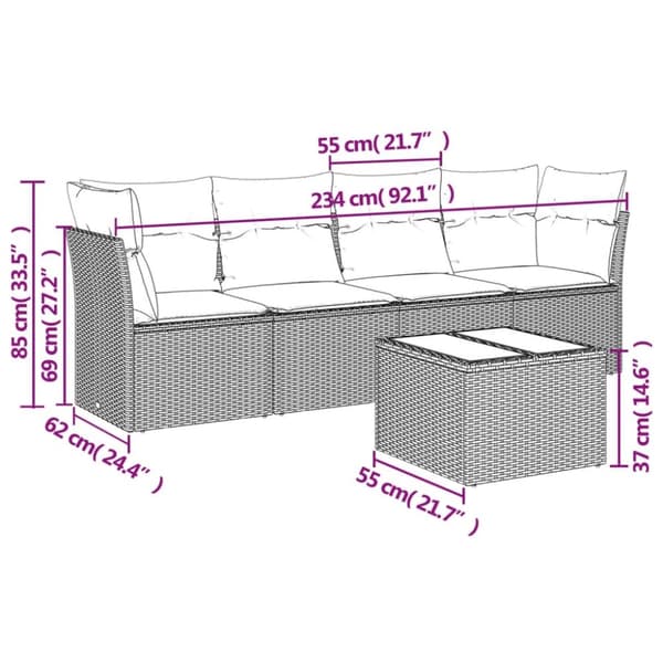 vidaXL sofasæt 5 dele med hynder polyrattan grå