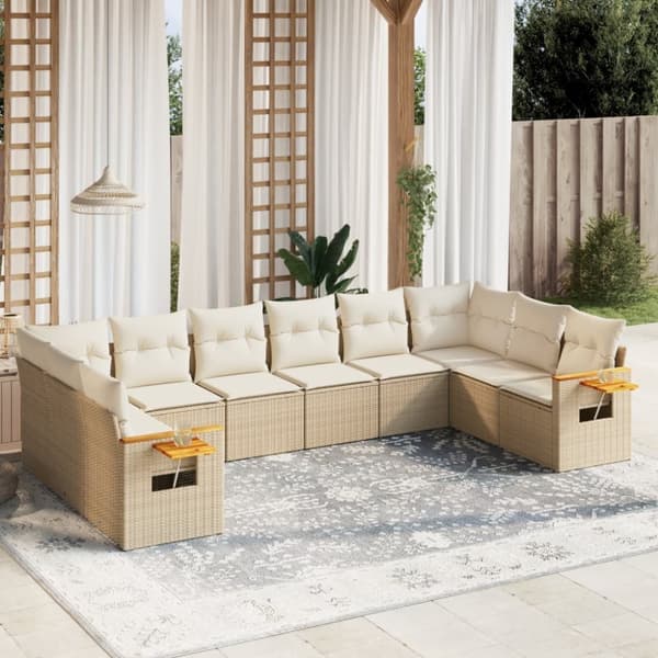 vidaXL Soffgrupp för trädgård med dynor 10 delar beige konstrotting