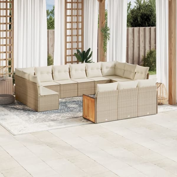 vidaXL Soffgrupp för trädgården med dynor 13 delar beige konstrotting