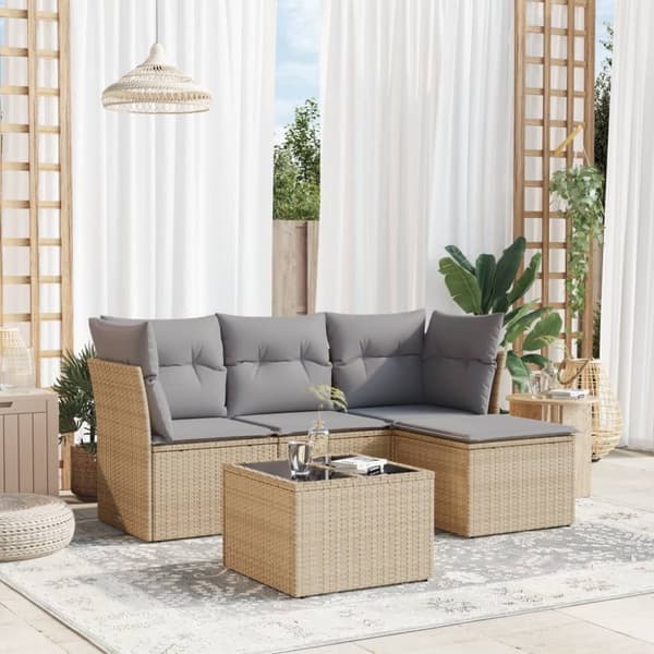 vidaXL Soffgrupp för trädgården med dynor 5 delar beige konstrotting