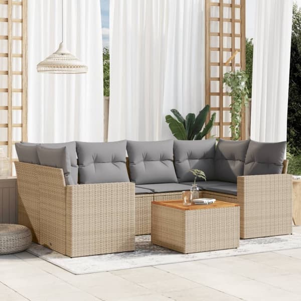 vidaXL sofasæt til haven 7 dele med hynder polyrattan beige